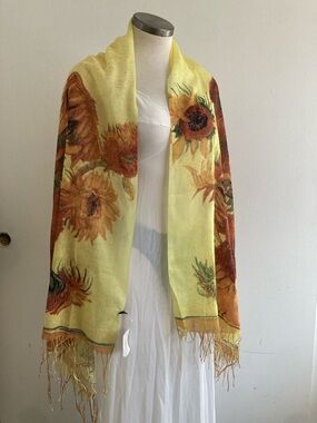 Beautiful Van Gogh Shawl, Yellow Sunflower Print Lightweight Scarf Wrap